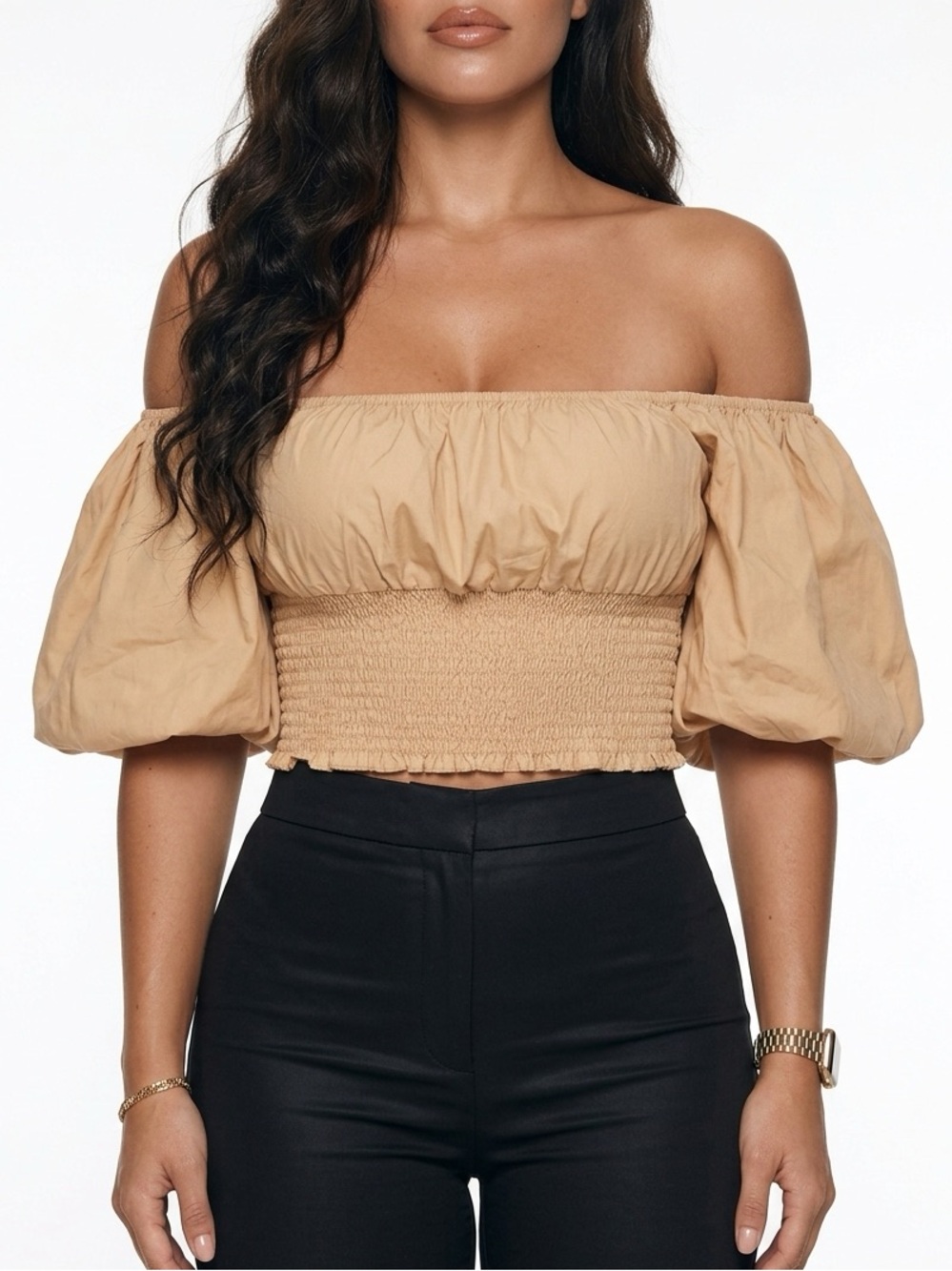 Petal & Pup Mustard Puff-Sleeve Smocked Crop Top